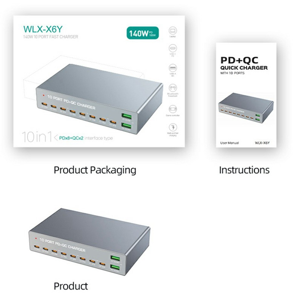 OEM WLX-X6Y Stationoplader, 140W, 5A, 2 x USB-A - 8 x USB-C, Sølv