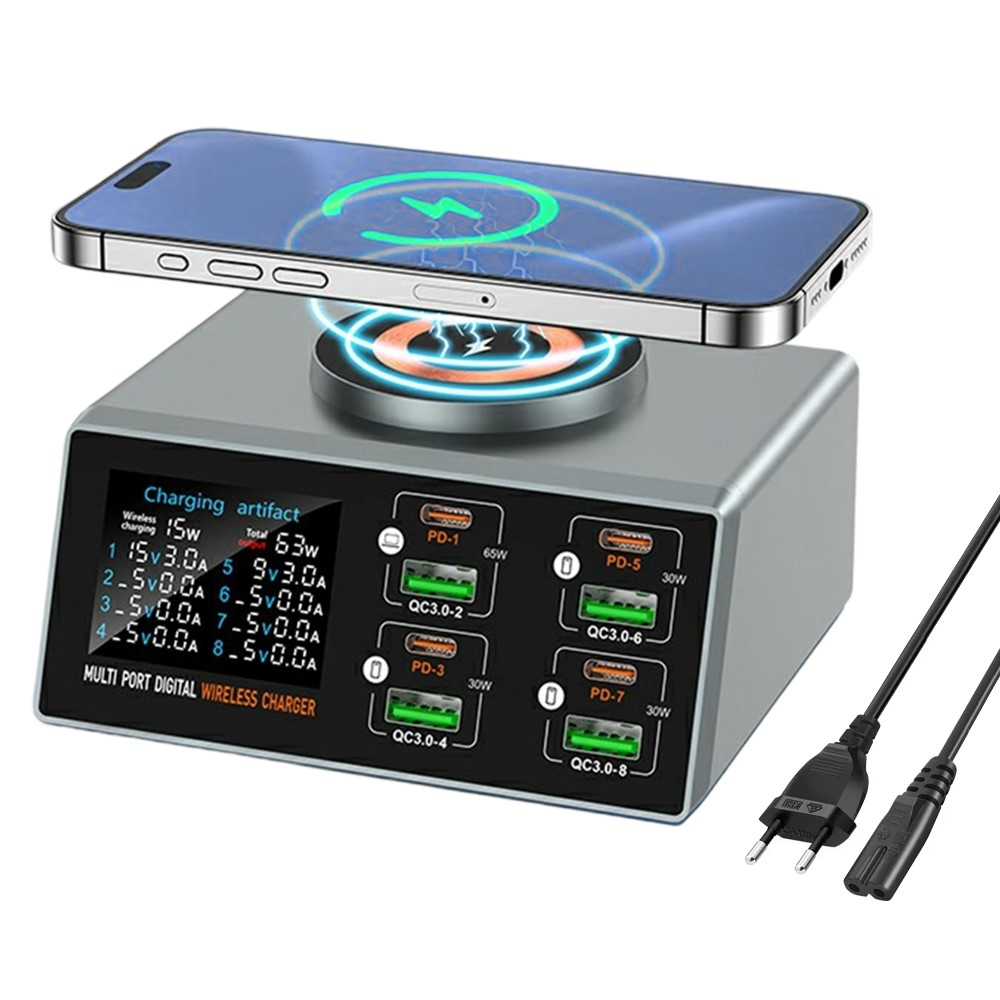 OEM WLX-X9S QI Station Oplader, 140W, 3A, 4 x USB-A - 4 x USB-C, Sølv