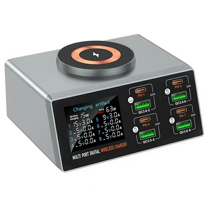 OEM WLX-X9S QI Station Oplader, 140W, 3A, 4 x USB-A - 4 x USB-C, Sølv
