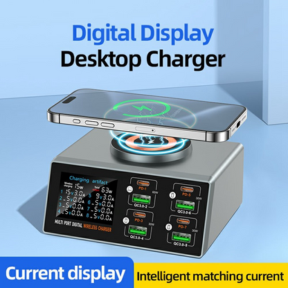 OEM WLX-X9S QI Station Oplader, 140W, 3A, 4 x USB-A - 4 x USB-C, Sølv