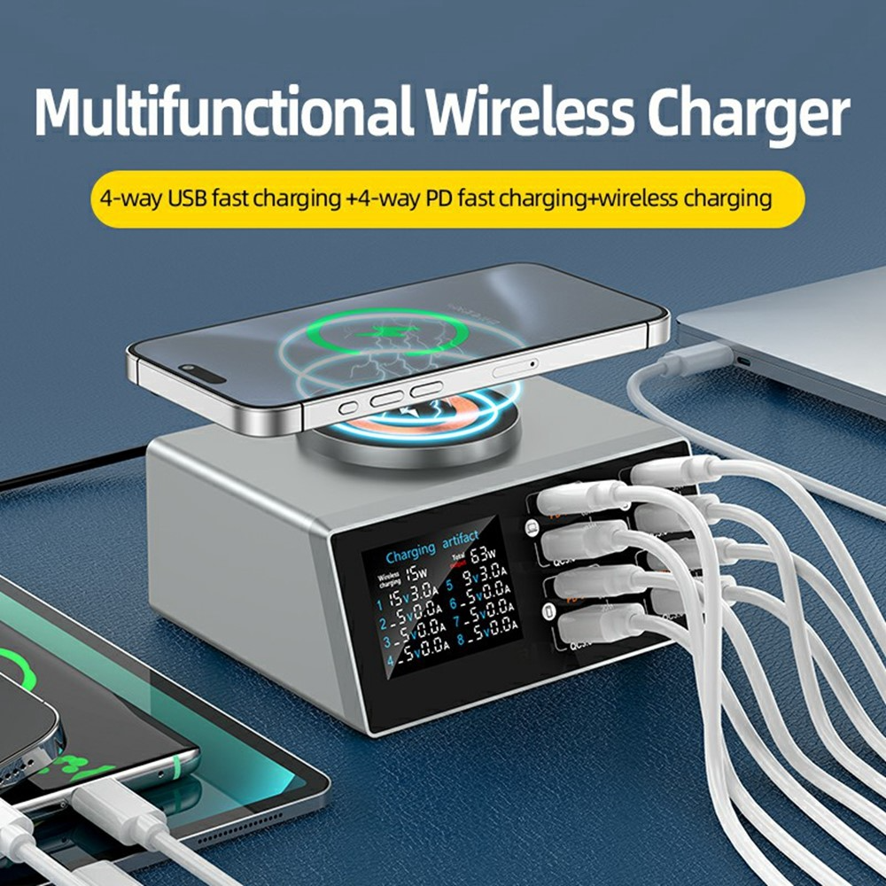 OEM WLX-X9S QI Station Oplader, 140W, 3A, 4 x USB-A - 4 x USB-C, Sølv
