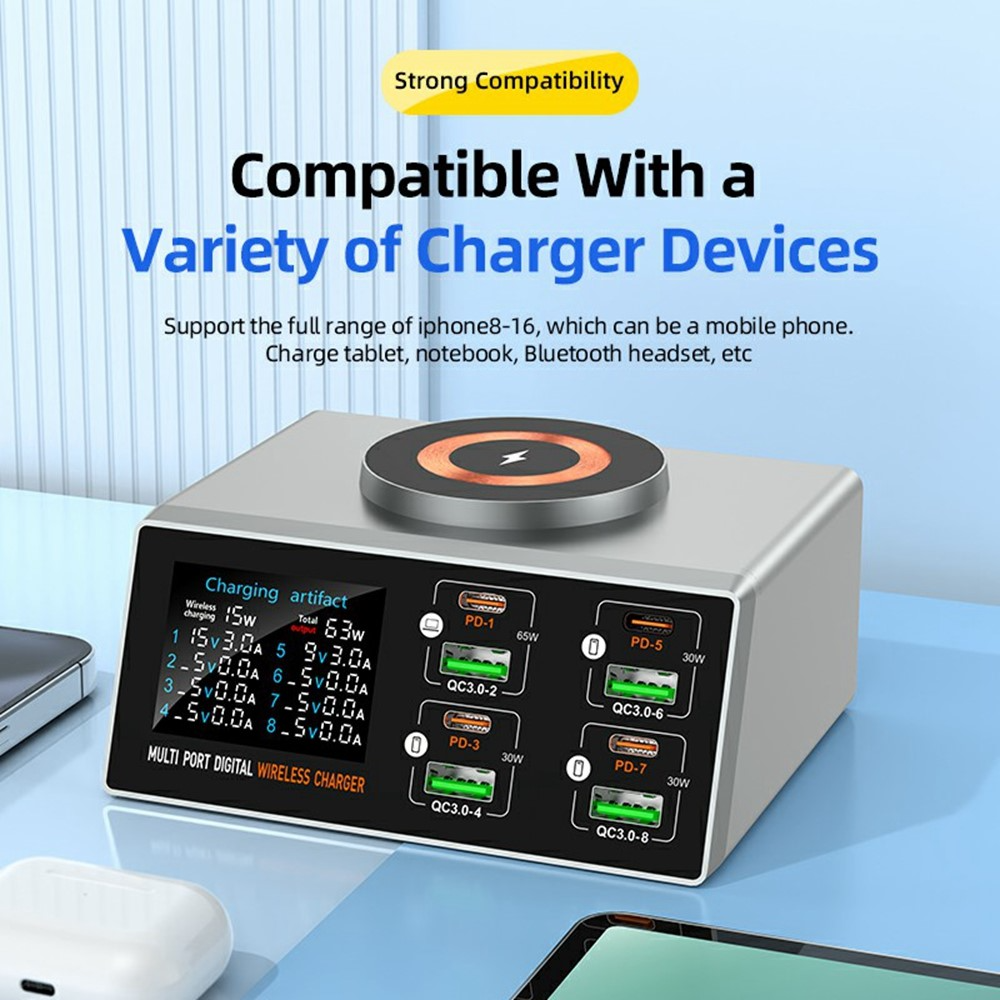 OEM WLX-X9S QI Station Oplader, 140W, 3A, 4 x USB-A - 4 x USB-C, Sølv