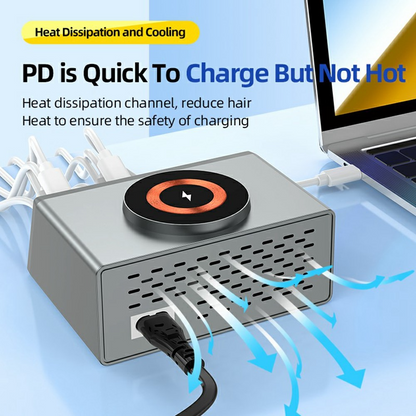 OEM WLX-X9S QI Station Oplader, 140W, 3A, 4 x USB-A - 4 x USB-C, Sølv