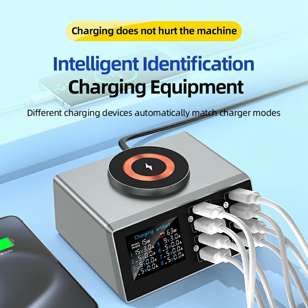 OEM WLX-X9S QI Station Oplader, 140W, 3A, 4 x USB-A - 4 x USB-C, Sølv