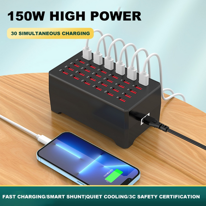 OEM WT-268 Stationoplader, 150W, 2.4A, 30 x USB-A, Sort
