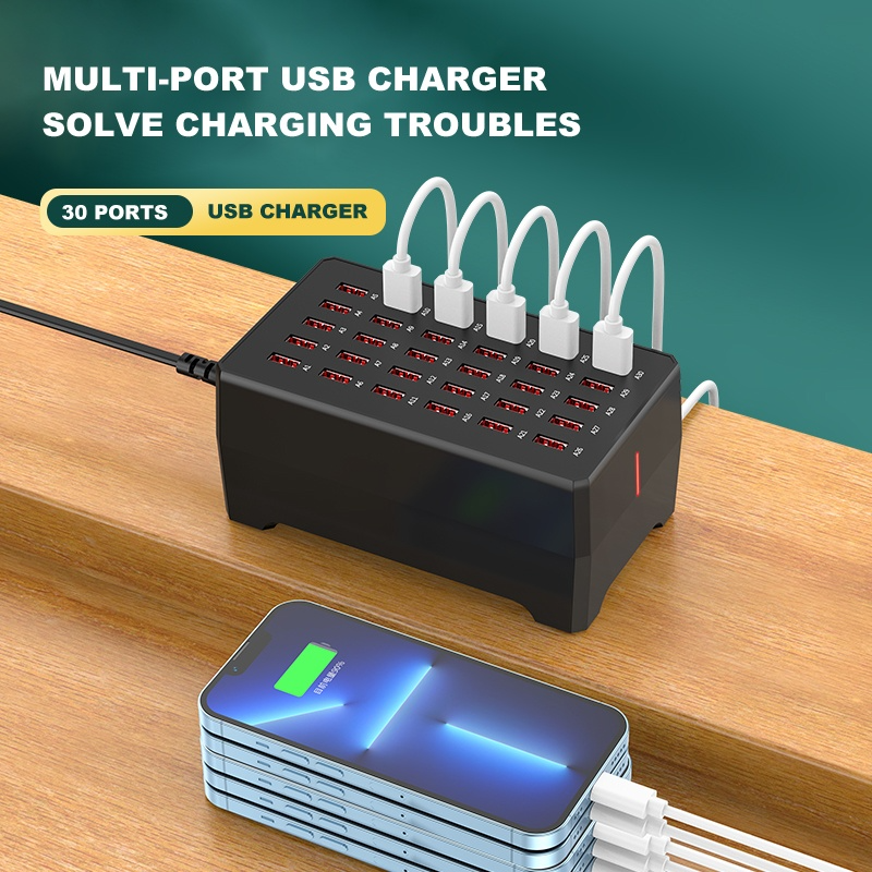 OEM WT-268 Stationoplader, 150W, 2.4A, 30 x USB-A, Sort