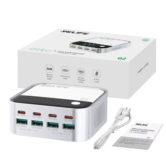 Opladerstation Relife Q2, 120W, 5A, 4 x USB-A - 4 x USB-C, Sølv