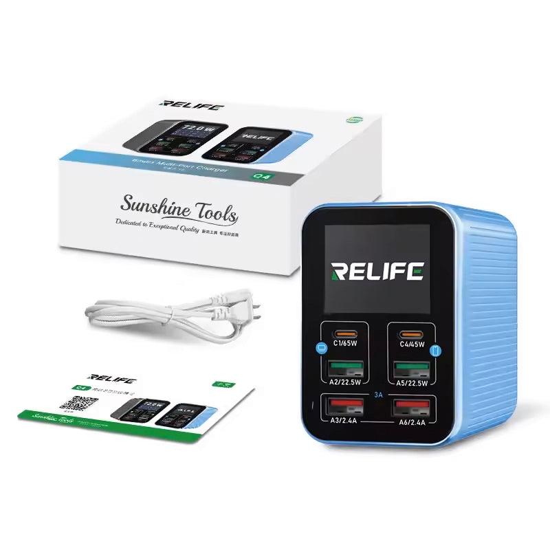 Relife Q4 opladerstation, 72W, 5A, 2 x USB-C - 4 x USB-A, Blå