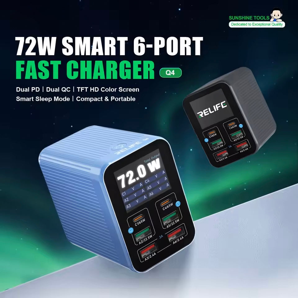 Opladerstation Relife Q4, 72W, 5A, 2 x USB-C - 4 x USB-A, Grå