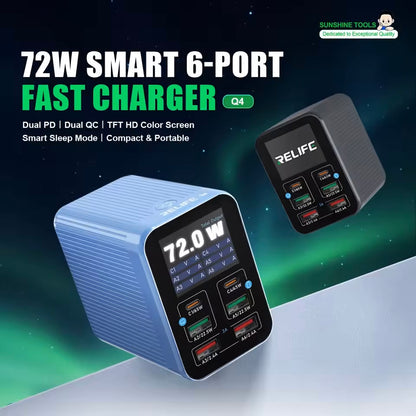 Opladerstation Relife Q4, 72W, 5A, 2 x USB-C - 4 x USB-A, Grå