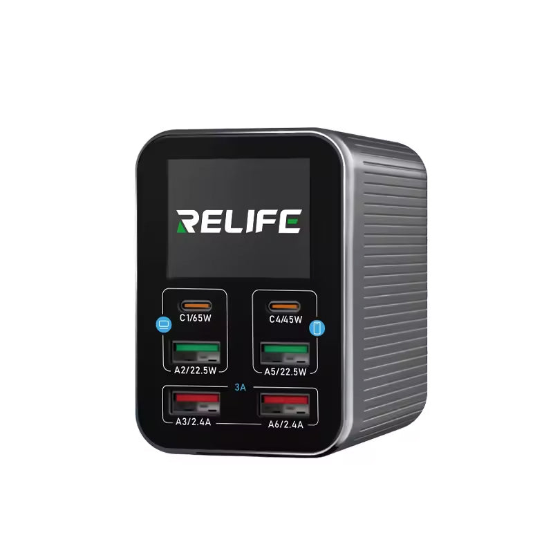 Opladerstation Relife Q4, 72W, 5A, 2 x USB-C - 4 x USB-A, Grå