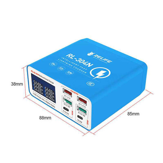 Opladerstation Relife RL-304N, 87W, 3A, 2 x USB-C - 4 x USB-A, Blå