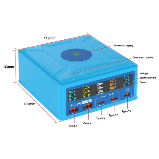 Opladerstation Relife RL-304R QI, 260W, 3A, 2 x USB-A - 3 x USB-C, Blå