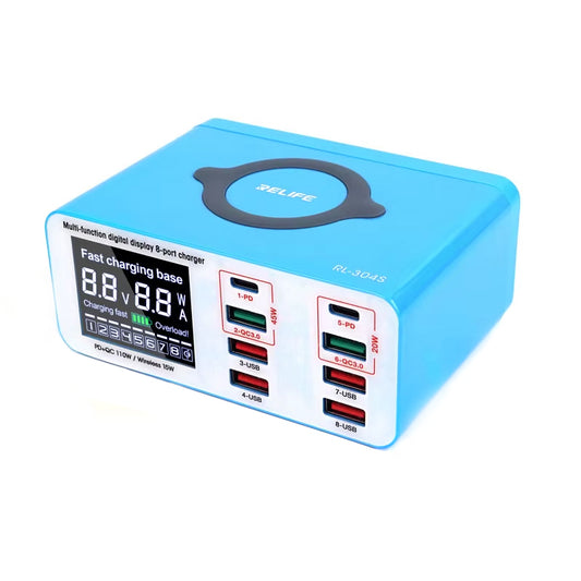 Opladerstation Relife RL-304S QI, 110W, 3A, 2 x USB-C - 6 x USB-A, Blå