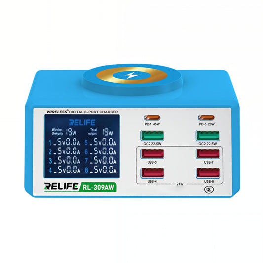 Opladerstation Relife RL-309AW, 100W, 5A, 2 x USB-C - 6 x USB-A, Blå