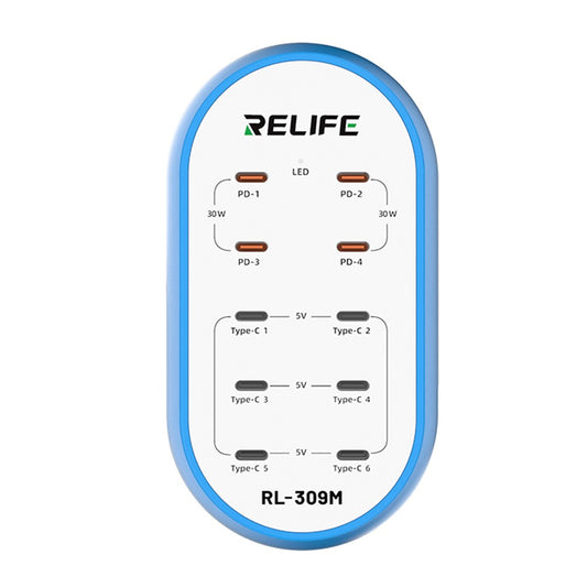 Relife RL-309M Stationoplader, 72W, 10 x USB-C, Blå