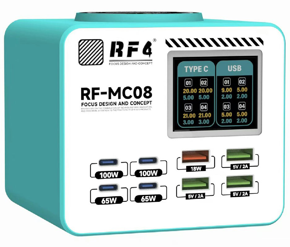 Oplader til RF4 RF-MC08 station, 150W, 5A, 4 x USB-A - 4 x USB-C, Turkis