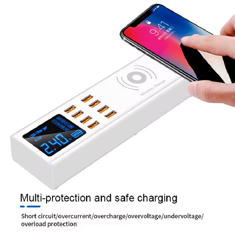 Opladerstation Sunshine SS-309WD QI, 40W, 2.4A, 8 x USB-A, Hvid