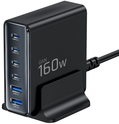 Opladerstation Tech-Protect DC160W-GAN, 160W, 5A, 2 x USB-A - 4 x USB-C, Sort