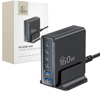 Opladerstation Tech-Protect DC160W-GAN, 160W, 5A, 2 x USB-A - 4 x USB-C, Sort