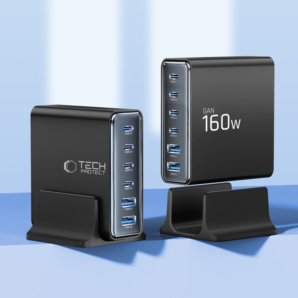 Opladerstation Tech-Protect DC160W-GAN, 160W, 5A, 2 x USB-A - 4 x USB-C, Sort