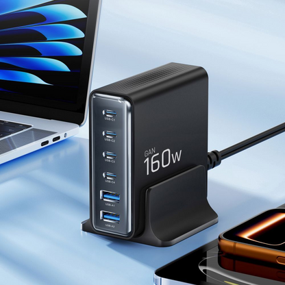 Opladerstation Tech-Protect DC160W-GAN, 160W, 5A, 2 x USB-A - 4 x USB-C, Sort