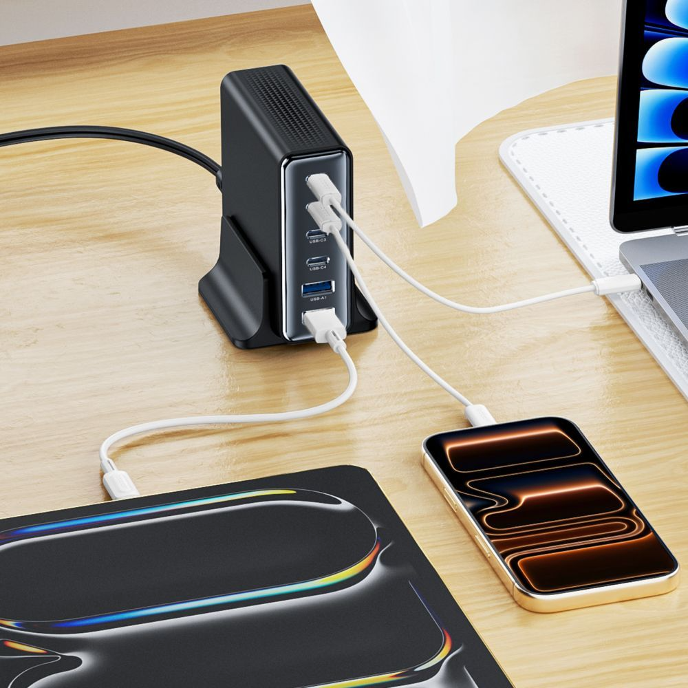 Opladerstation Tech-Protect DC160W-GAN, 160W, 5A, 2 x USB-A - 4 x USB-C, Sort