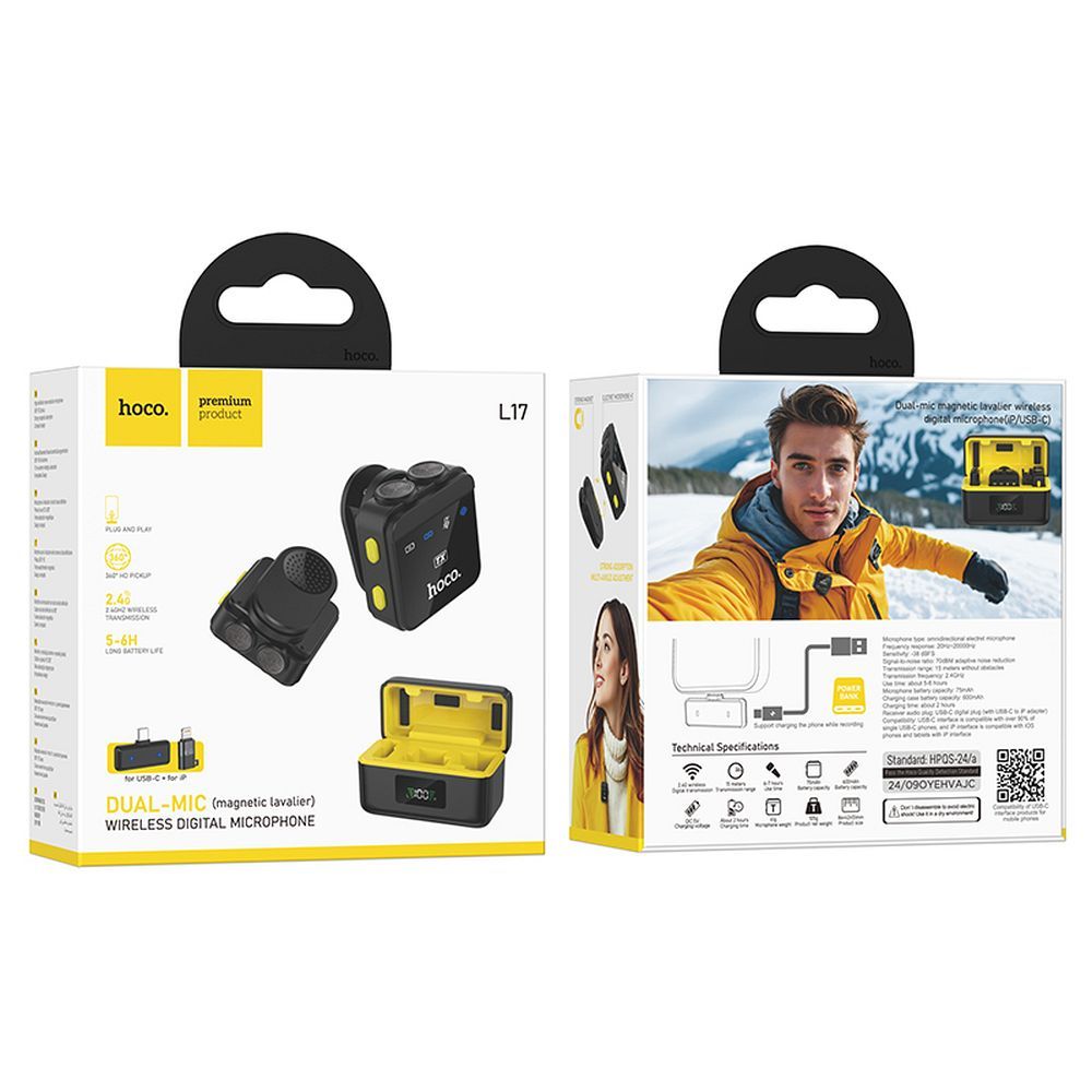 Lavaliermikrofon HOCO L17, USB-C / Lightning, Sæt med 2 stykker, Sort