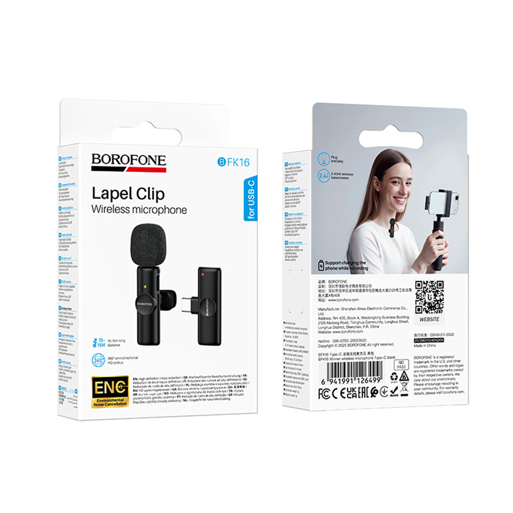 Lavaliermikrofon Borofone BFK16 Winner, USB-C, Sort