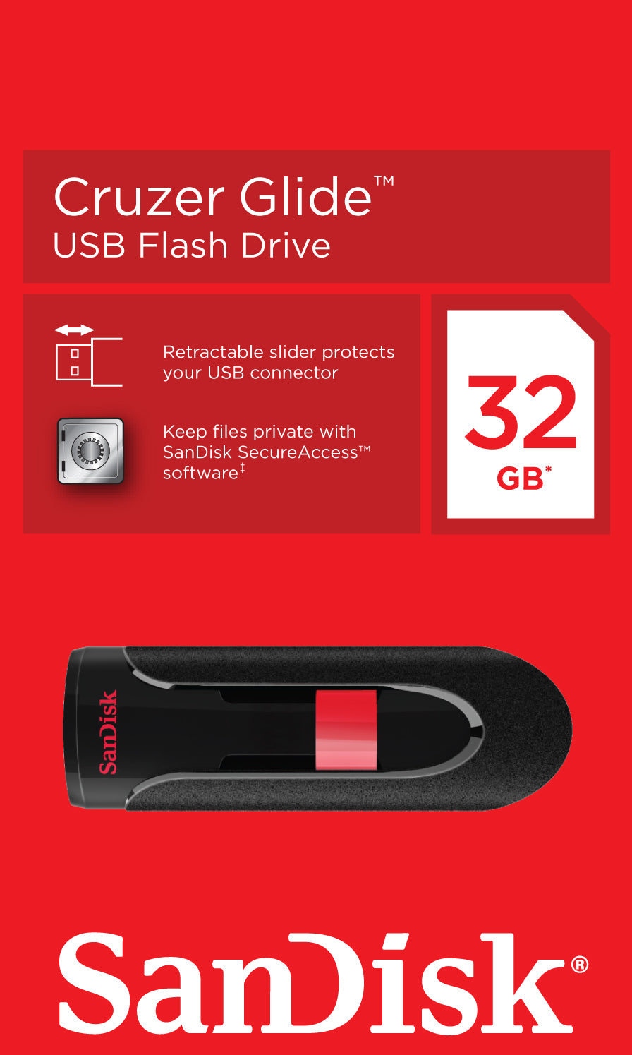 Ekstern USB-A SanDisk Cruzer Glide hukommelse, 32Gb SDCZ60-032G-B35