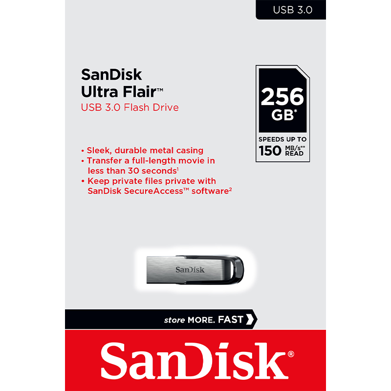 Ekstern Hukommelse USB-A 3.0 SanDisk Ultra Flair, 256Gb SDCZ73-256G-G46