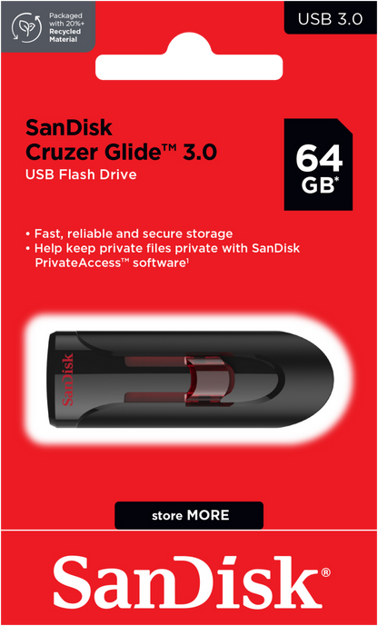 Ekstern hukommelse USB-A 3.0 SanDisk Cruzer Glide, 64Gb SDCZ600-064G-G35