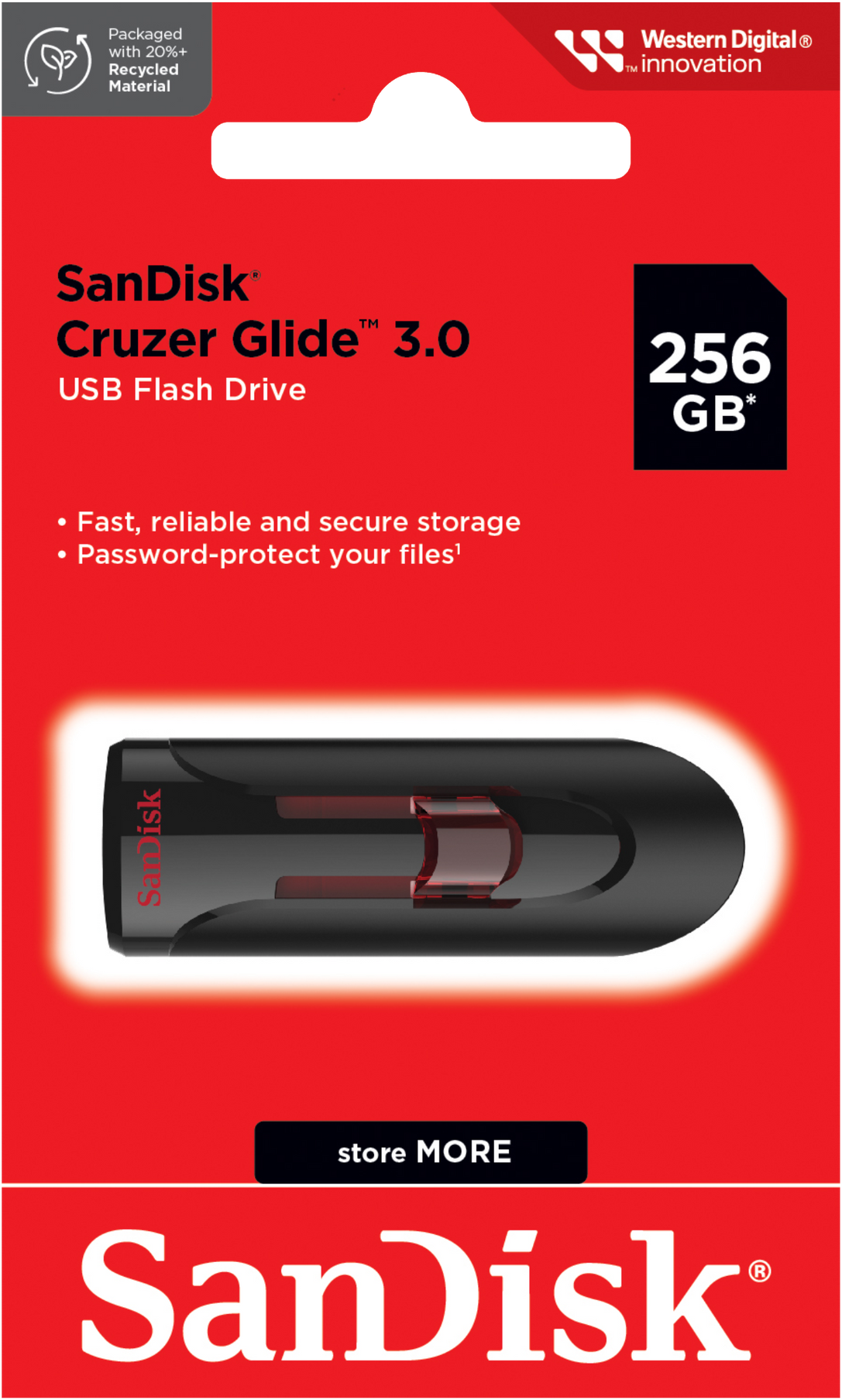 Ekstern hukommelse USB-A 3.0 SanDisk Cruzer Glide, 256Gb SDCZ600-256G-G35