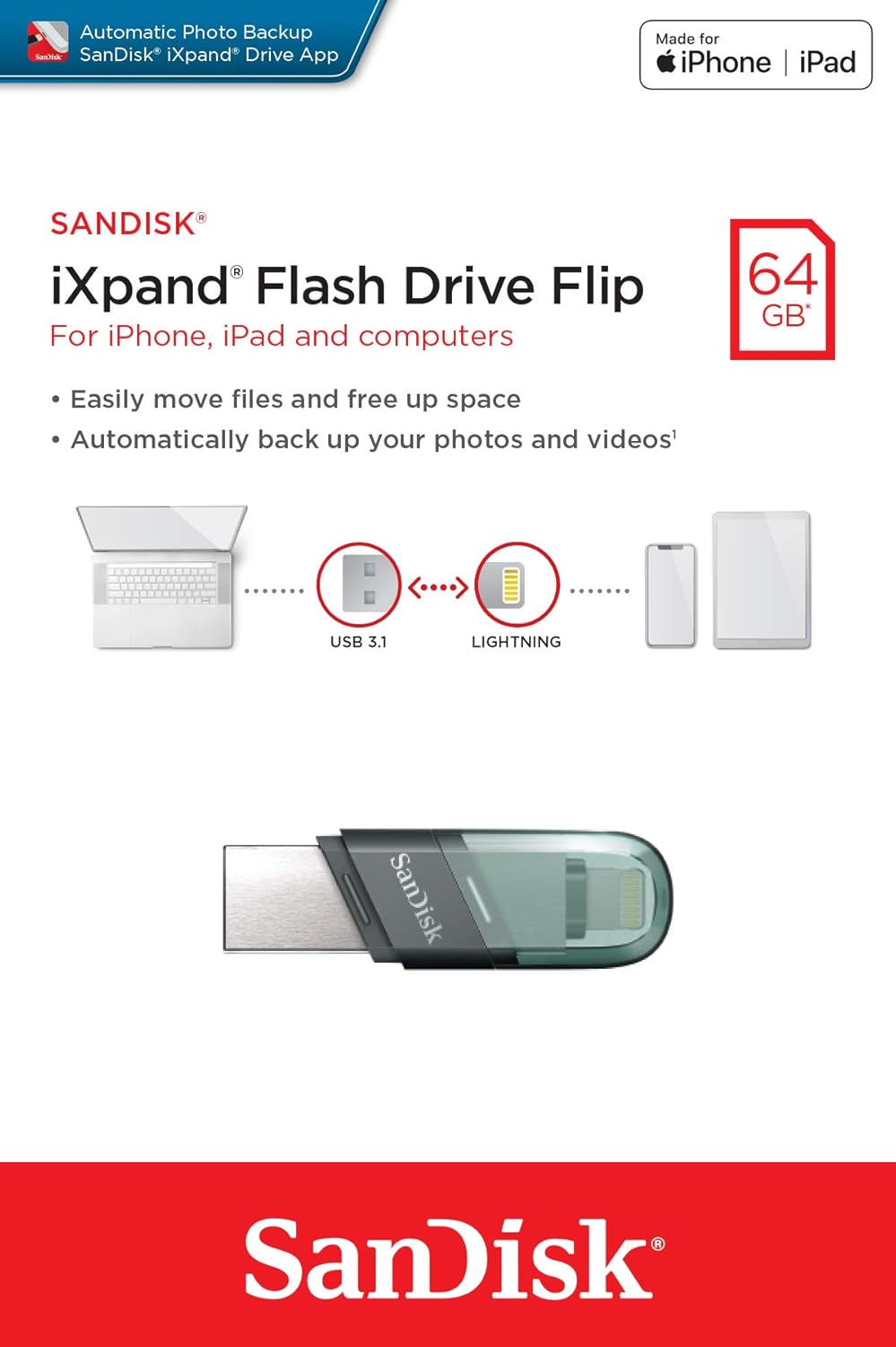 Ekstern hukommelse USB-A 3.1 / Lightning SanDisk iXpand Flip, 64Gb SDIX90N-064G-GN6NN