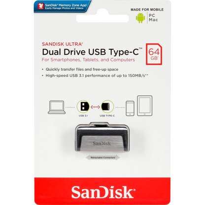 Ekstern hukommelse USB-A 3.1 / USB-C SanDisk Ultra Dual Drive, 64Gb SDDDC2-064G-G46