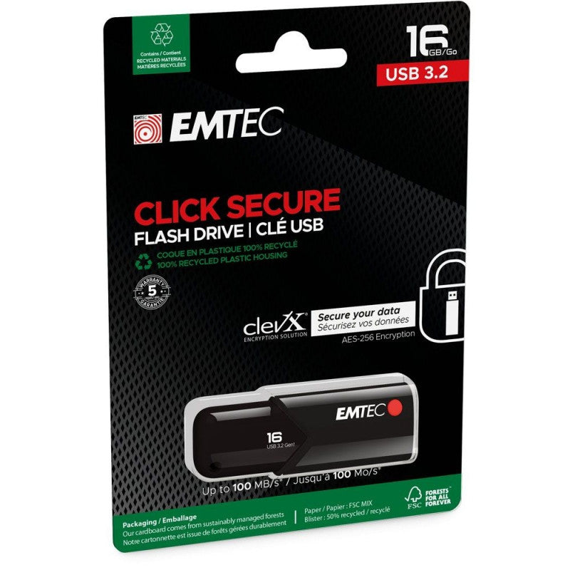 Ekstern hukommelse USB-A 3.2 Emtec B120 Click Secure, 16Gb ECMMD16GB123
