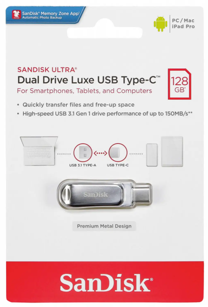Ekstern hukommelse USB-A 3.2 / USB-C SanDisk Ultra Luxe Dual Drive, 128Gb SDDDC4-128G-G46