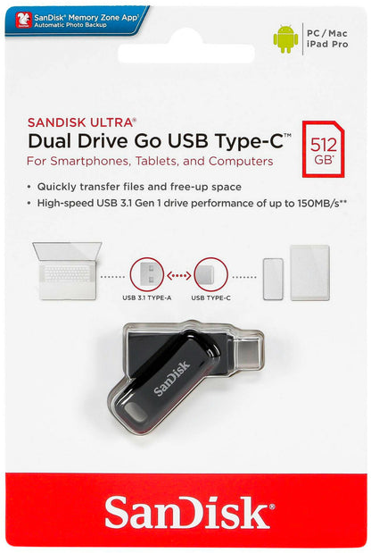 Ekstern Hukommelse USB-A 3.2 / USB-C SanDisk Ultra Dual Go, 512Gb SDDDC3-512G-G46