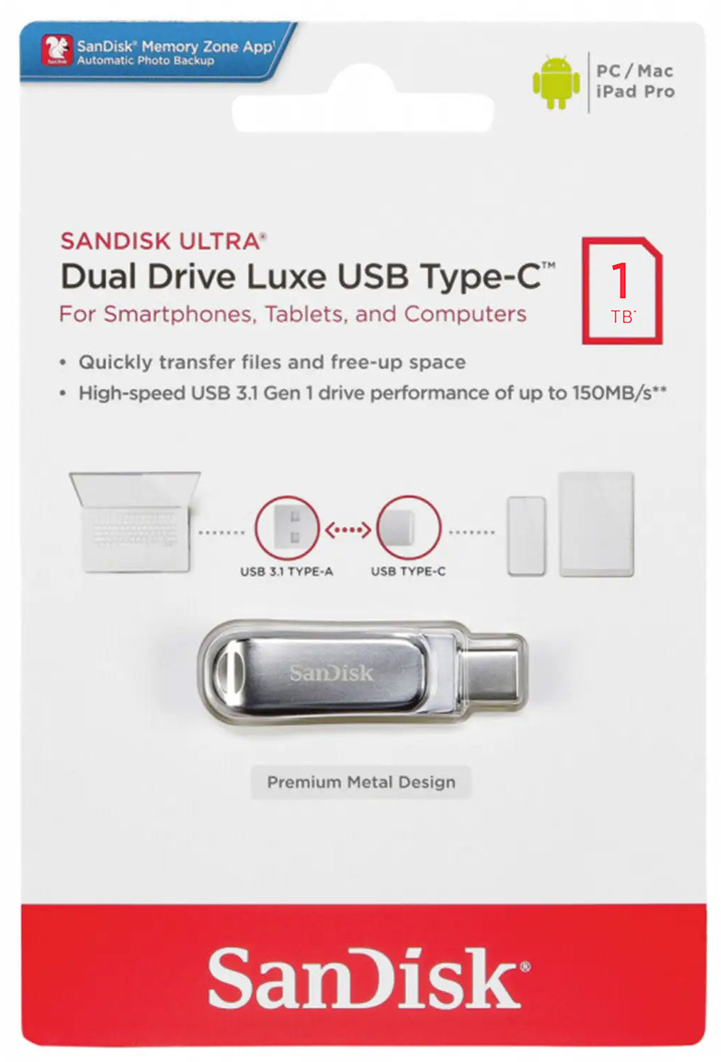 Ekstern Hukommelse USB-A 3.2 / USB-C SanDisk Ultra Luxe Dual Drive, 1TB SDDDC4-1T00-G46