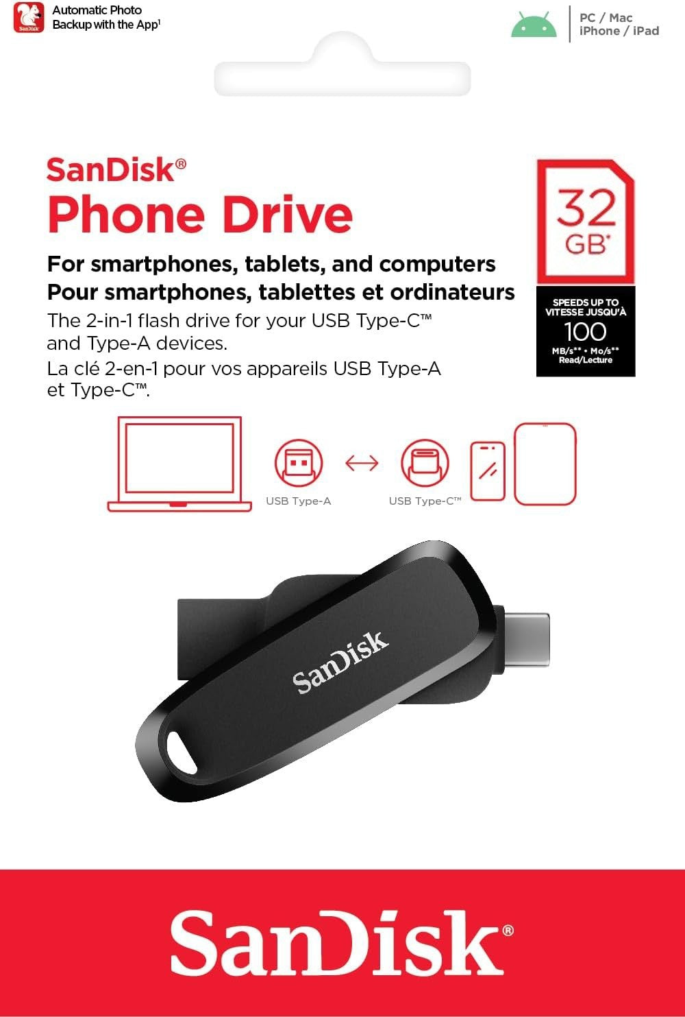Ekstern Hukommelse USB-A 3.2 / USB-C SanDisk Phone Drive, 32Gb SDDDC6-032G-G46