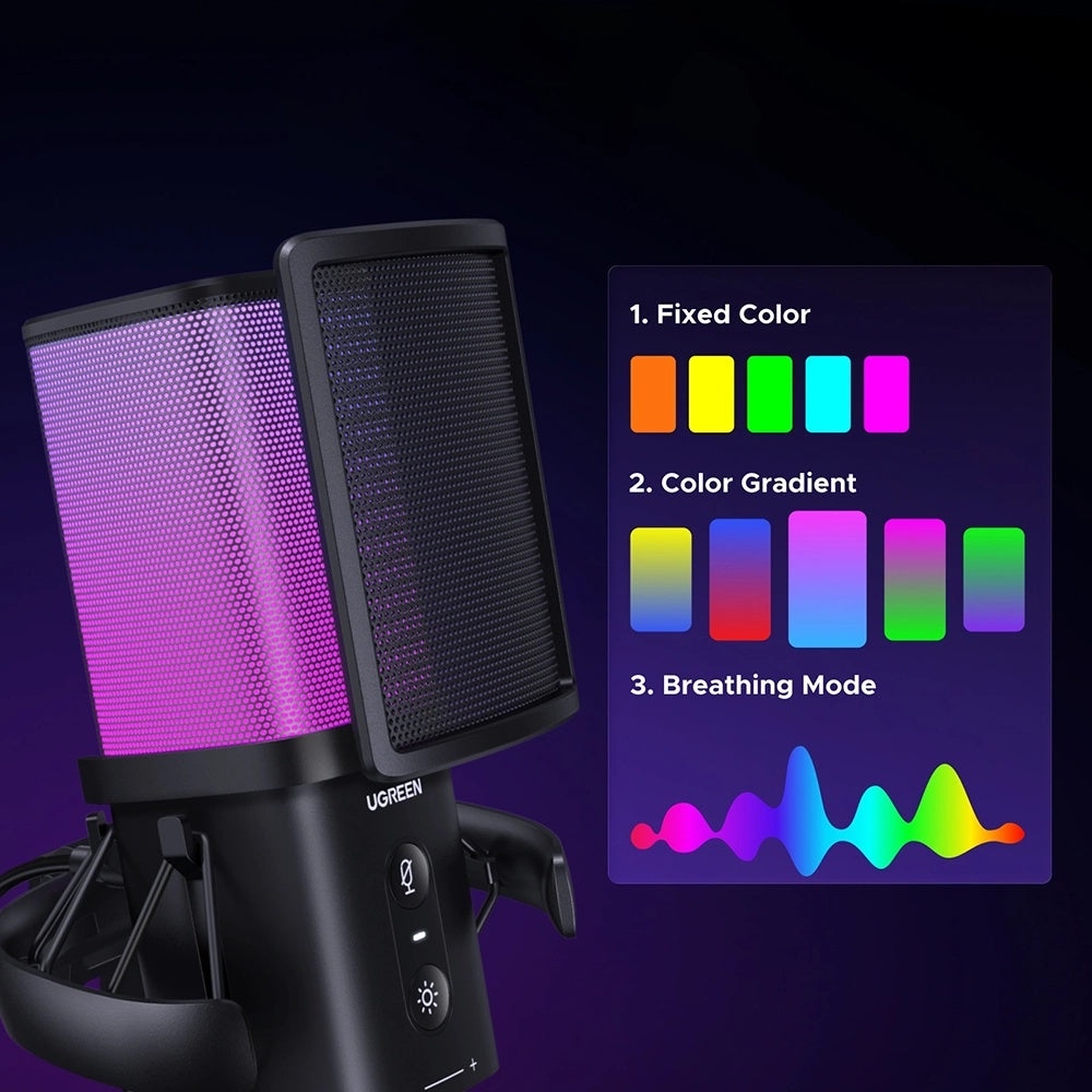 Cardioid mikrofon UGREEN CM581 (65629), RGB, USB-C, 1.5m, Sort