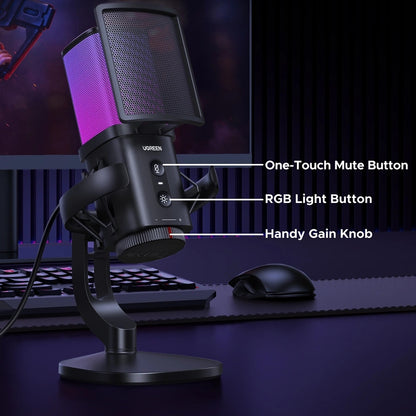Cardioid mikrofon UGREEN CM581 (65629), RGB, USB-C, 1.5m, Sort