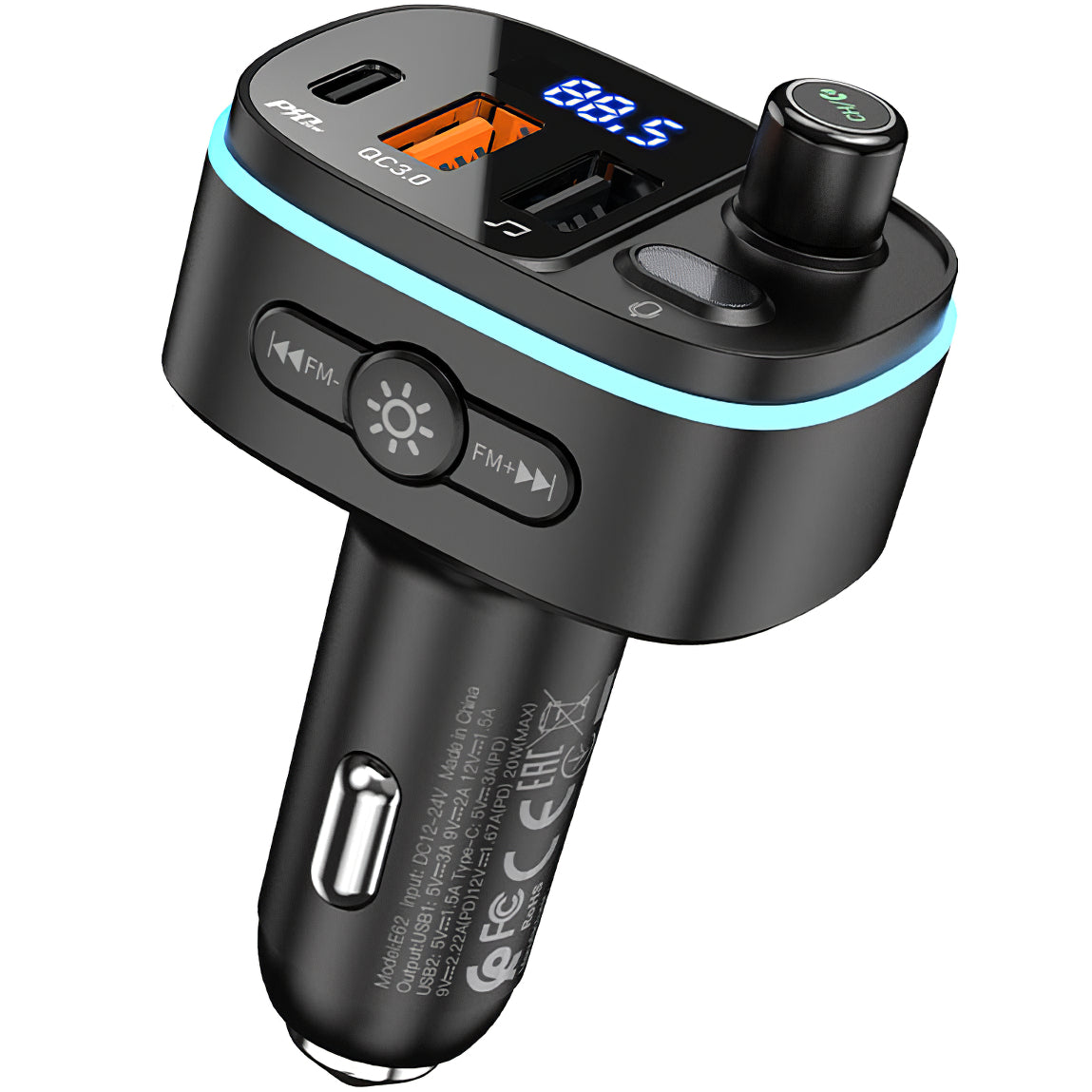 FM Bluetooth-modulator HOCO E62 Fast, 2 x USB-A - 1 x USB-C