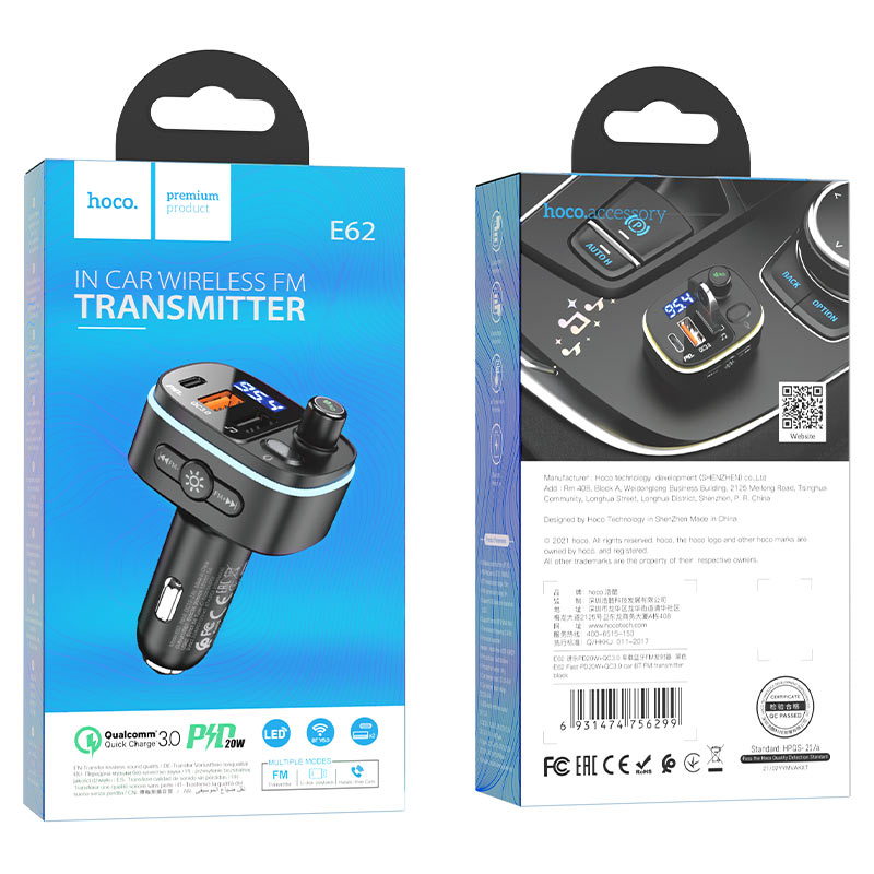 FM Bluetooth-modulator HOCO E62 Fast, 2 x USB-A - 1 x USB-C
