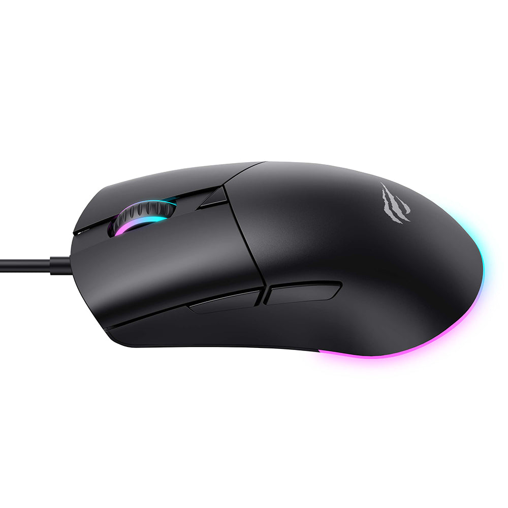 Gamingmus med kabel USB HAVIT MS1038, RGB, 1200DPI - 7200DPI, 1.6m, Sort