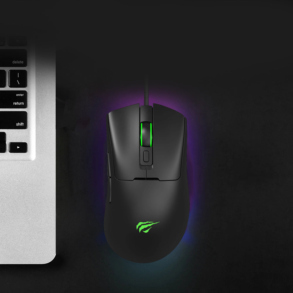 Gamingmus med kabel USB HAVIT MS966, RGB, 800DPI - 12000DPI, 1.6m, Sort