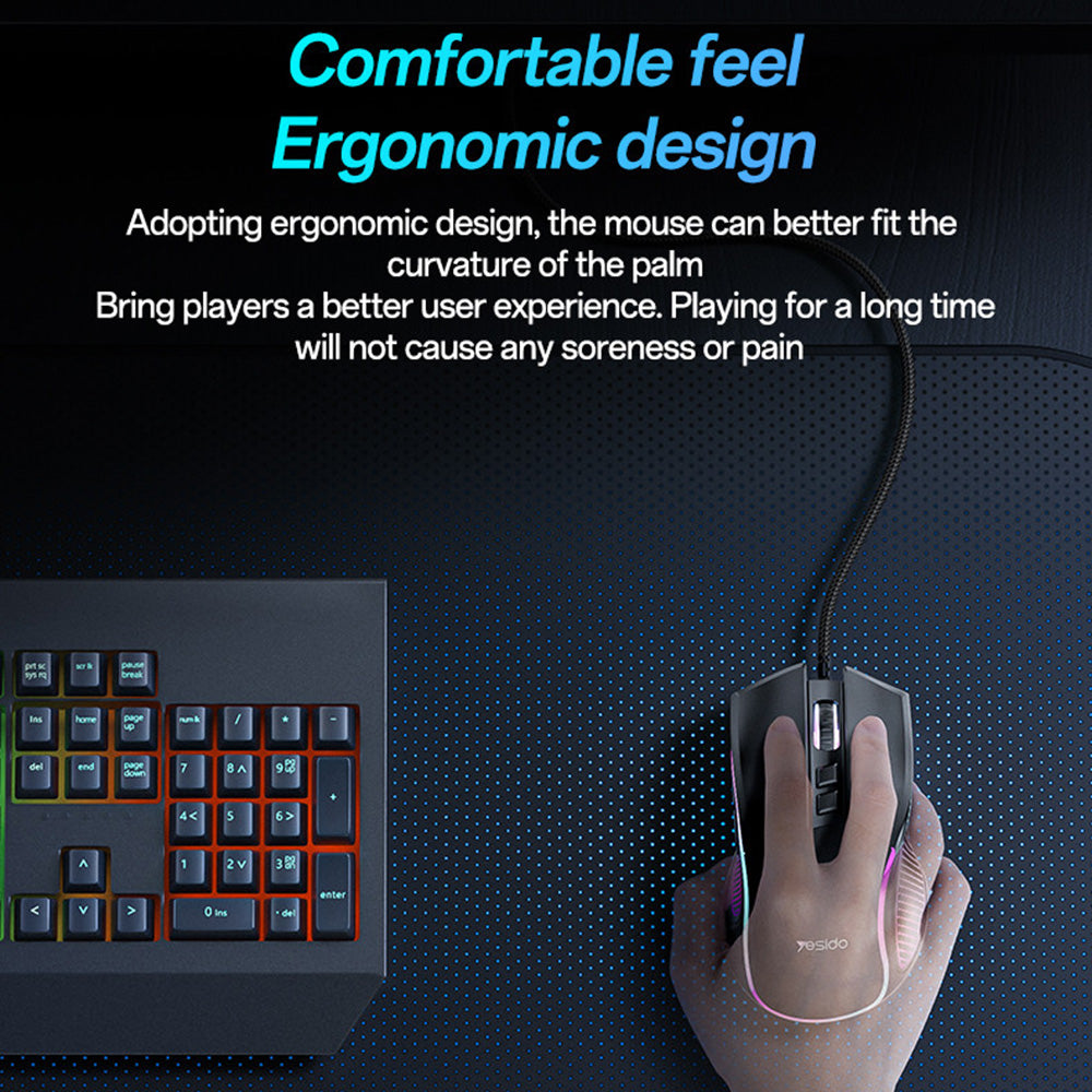 Gamingmus med kabel USB Yesido KB20, RGB, 1000DPI - 7200DPI, Sort