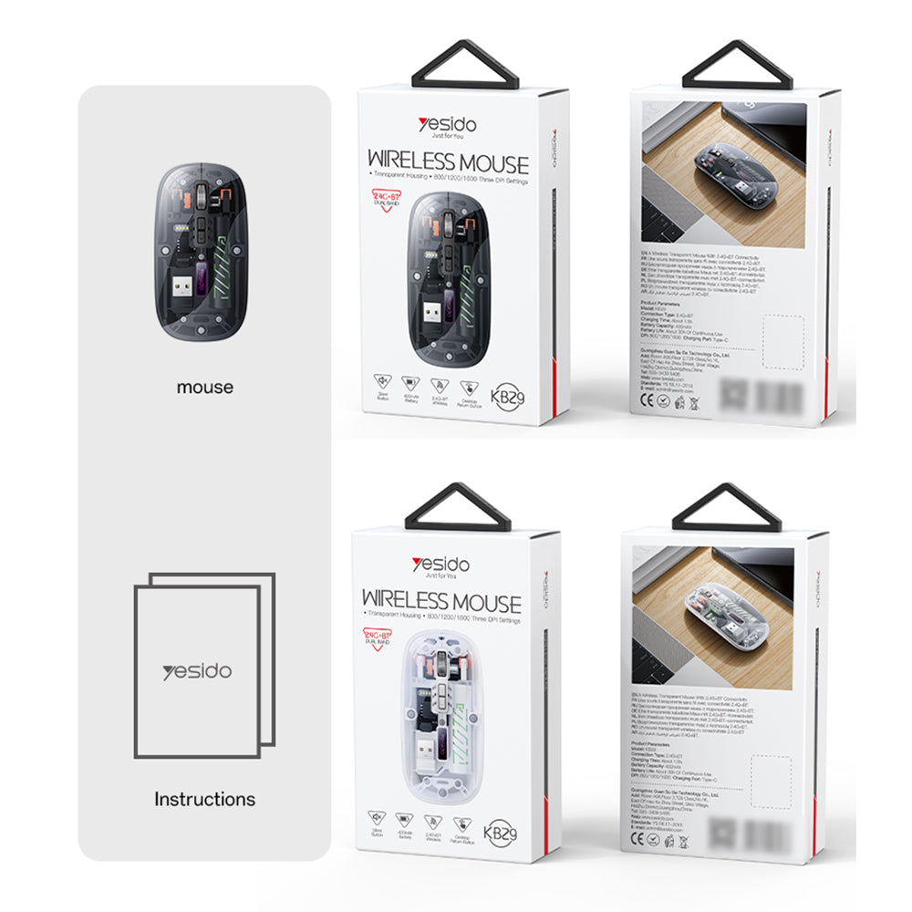 Trådløs mus Yesido KB29, 800DPI - 1600DPI, BT / Wi-Fi, Hvid