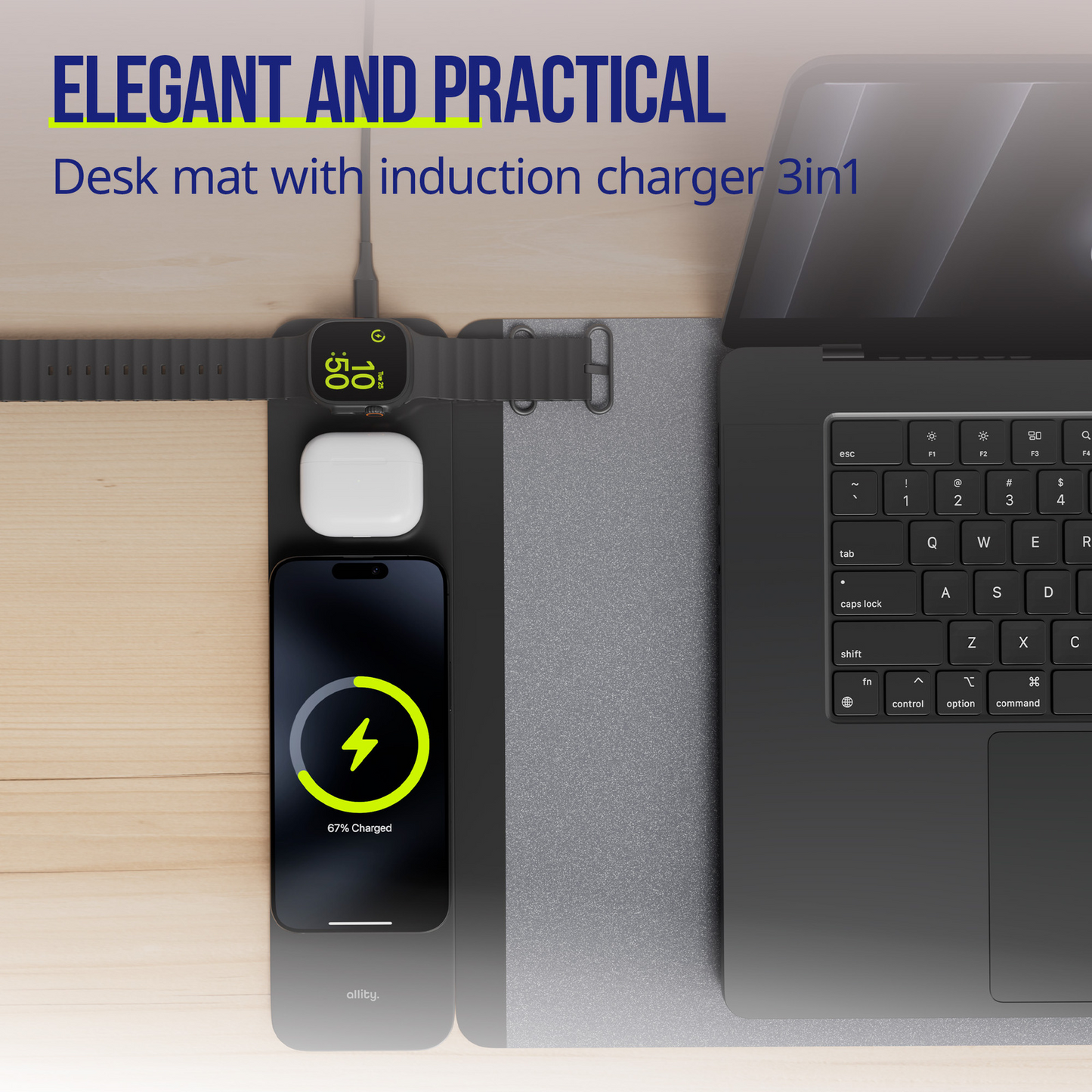 Allity MousePad. ALP-100 4i1 med trådløs opladning til telefon / ur / høretelefoner, sort