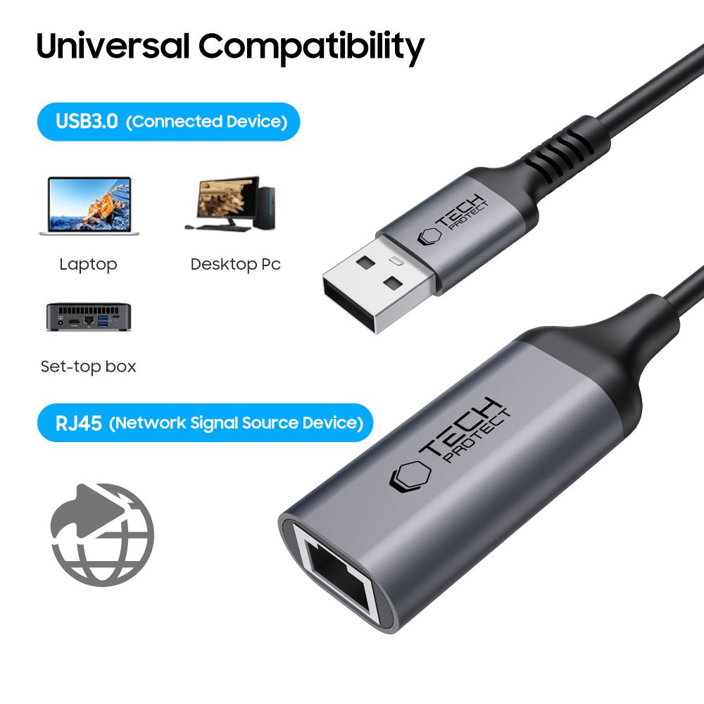 Tech-Protect Ultraboost Netværkskort, RJ45, USB 3.0, Sort